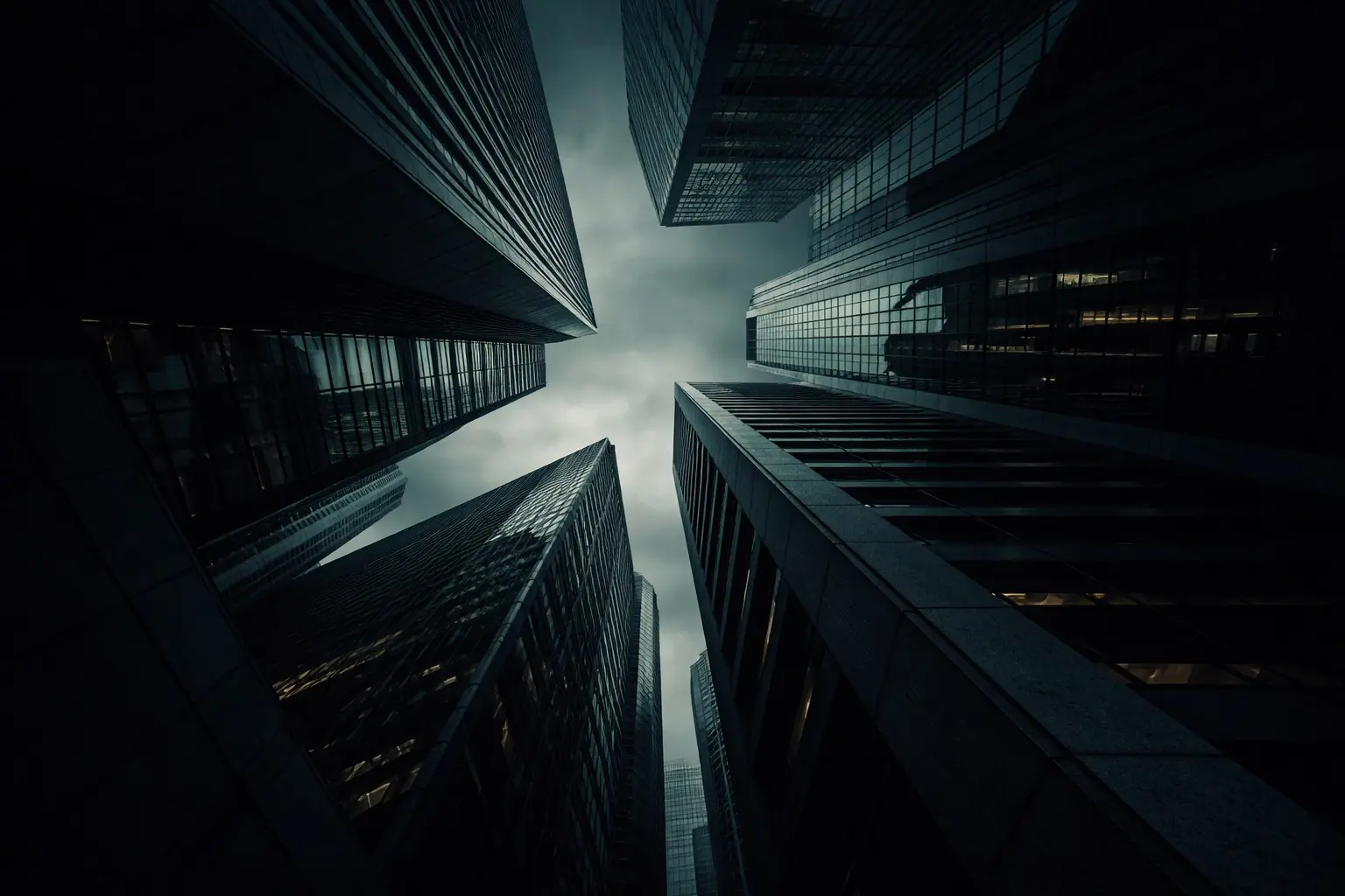 Looking up between towers in a city financial district at dusk.