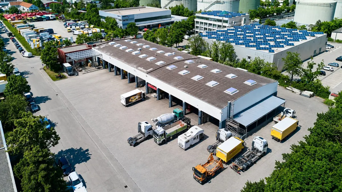 Feldkirchen: industrial outdoor storage and truck workshop, Feldkirchen, Germany.