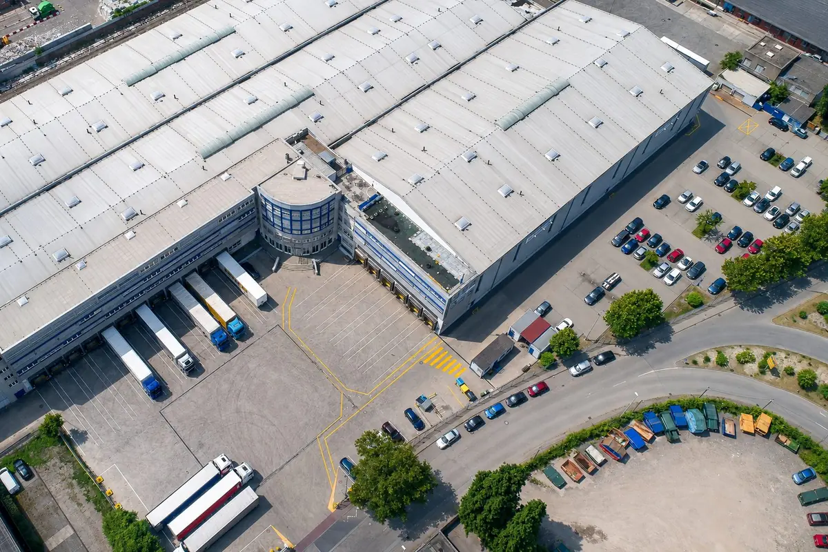 Mannheim: aerial view of warehouse and office building.